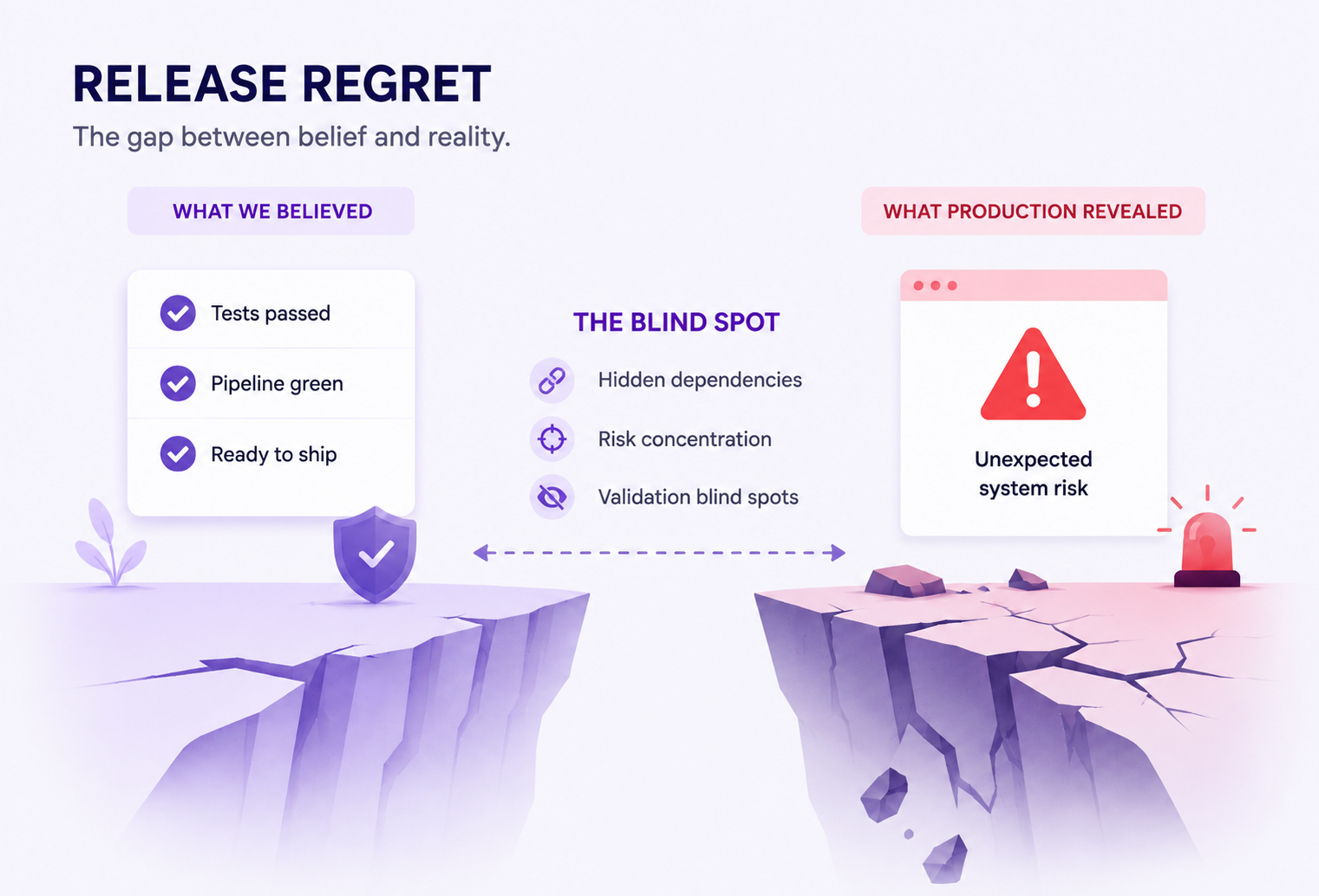Release regret showing the gap between passed tests and unexpected system risk in production.